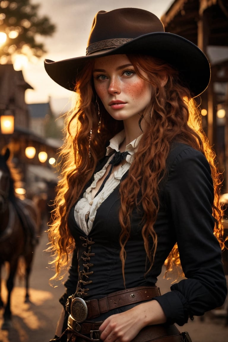 1 girl, beautiful 24 year old Celtic bandit, in an 1800s old west town, sunset, black stetson, black clothes, braids, horses, (ginger hair:1.6),(absurdly long hair:1.8), shiny hair, glossy hair,, (freckles:1.4), atmospheric, ultra detailed, hyper realistic, (depth of field), bokeh, HairDetail, great lighting,Eye-catching sunset