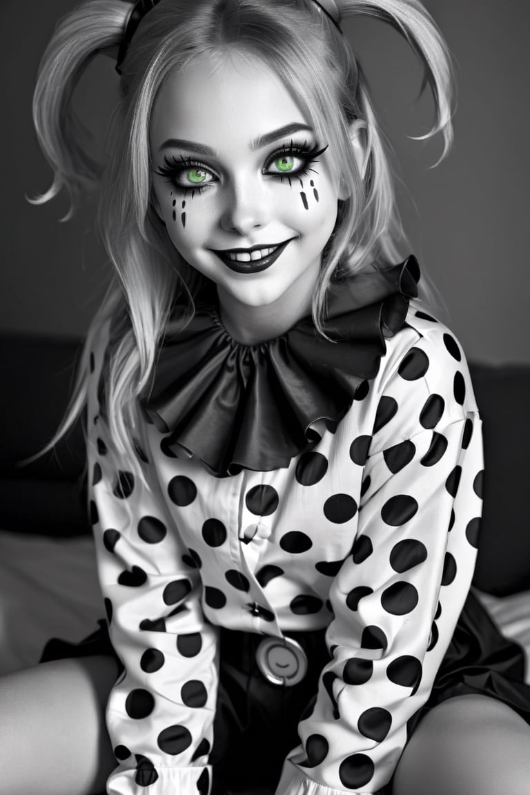 Black and white vintage full body photo of a  girl with glowing green eyes and clown makeup, by Artgerm, anime cgi style, creepypasta, about to devour you, mischievous smile, creepy pose, kabuki makeup, yume nikki, hyperreal render, [[grinning evily]], anigirl batman, lori earley, noire,Vanessa,full body