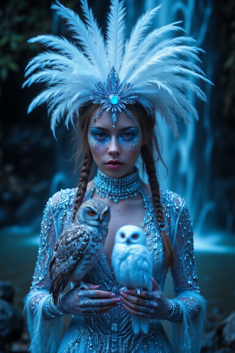 Ultimate realistic ,Girl in feather headdress holding a baby a owl, standing in front of a waterfall, trending on cg society, fantasy art, glowing sparkling crystals, white braids, blue jewelry, ethereal lighting ,(( sexy, eros,)) profile picture, glowing white neon eyes, white cyan covered in jewels, girl with feathers, neon owl, shimmering and spiral nubella, azure. detailed hair 