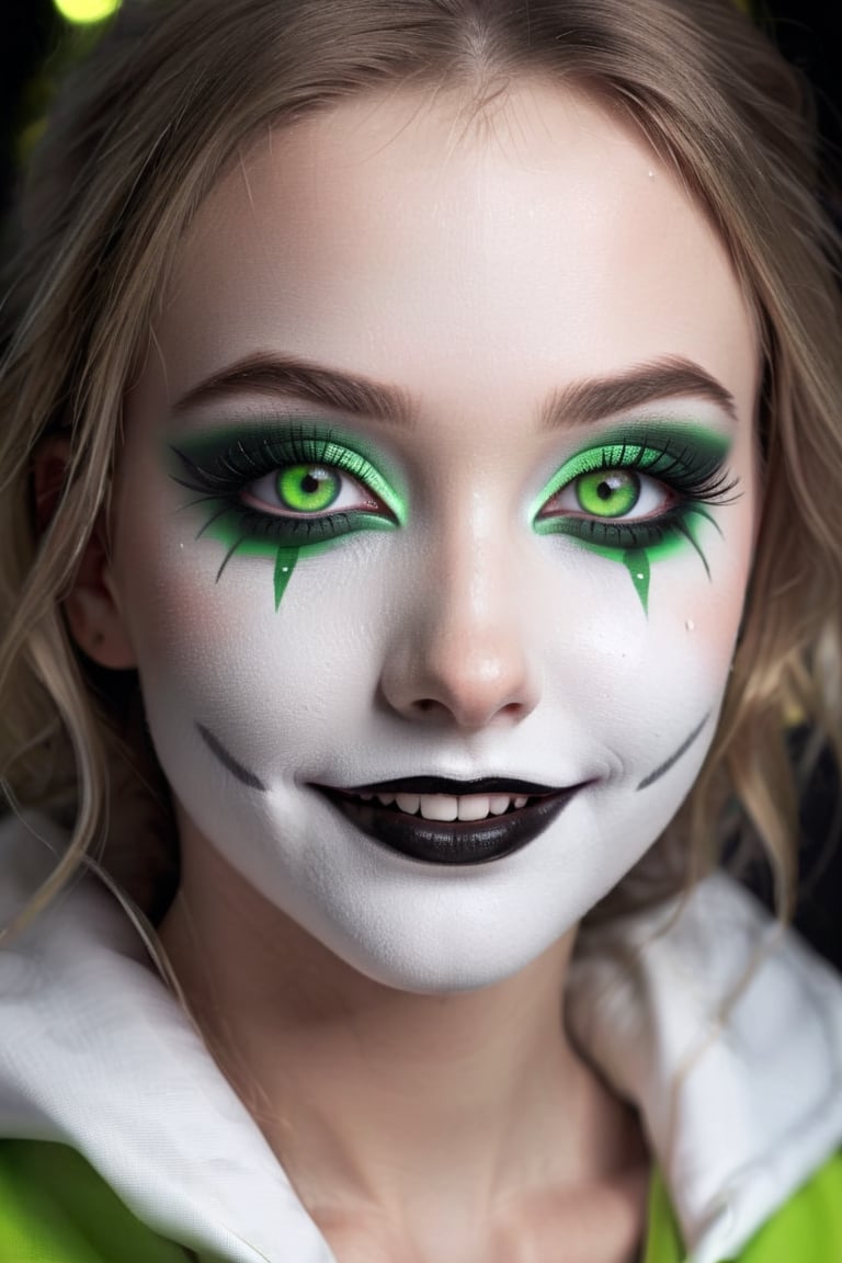 Black and white vintage close-up photo of a girl with glowing green eyes and clown makeup, by Artgerm, anime cgi style, creepypasta, about to devour you, mischievous smile, creepy pose, kabuki makeup, yume nikki, hyperreal render, [[grinning evily]], anigirl batman, lori earley, noire