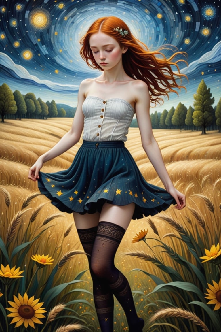 fine art, oil painting, two parts in one art, double exposure, best quality, dark tales, 
close up cute detailed ginger-haired 16 year old  girl, 
shuffle dancing in the rye field under Van Gogh starry sky, 
forest, detailed face, dynamic pose, (very small breast:1.3), (slim figure:1.3), (strapless stockings:1.4), (open white shirt:1.5),
Craola, Dan Mumford, Andy Kehoe, 2d, flat, cute, adorable, vintage, art on a cracked paper, patchwork, stained glass, fairytale, storybook detailed illustration, cinematic, ultra highly detailed, tiny details, beautiful details, mystical, luminism, vibrant colors, complex background,flat chested,Ballerina 