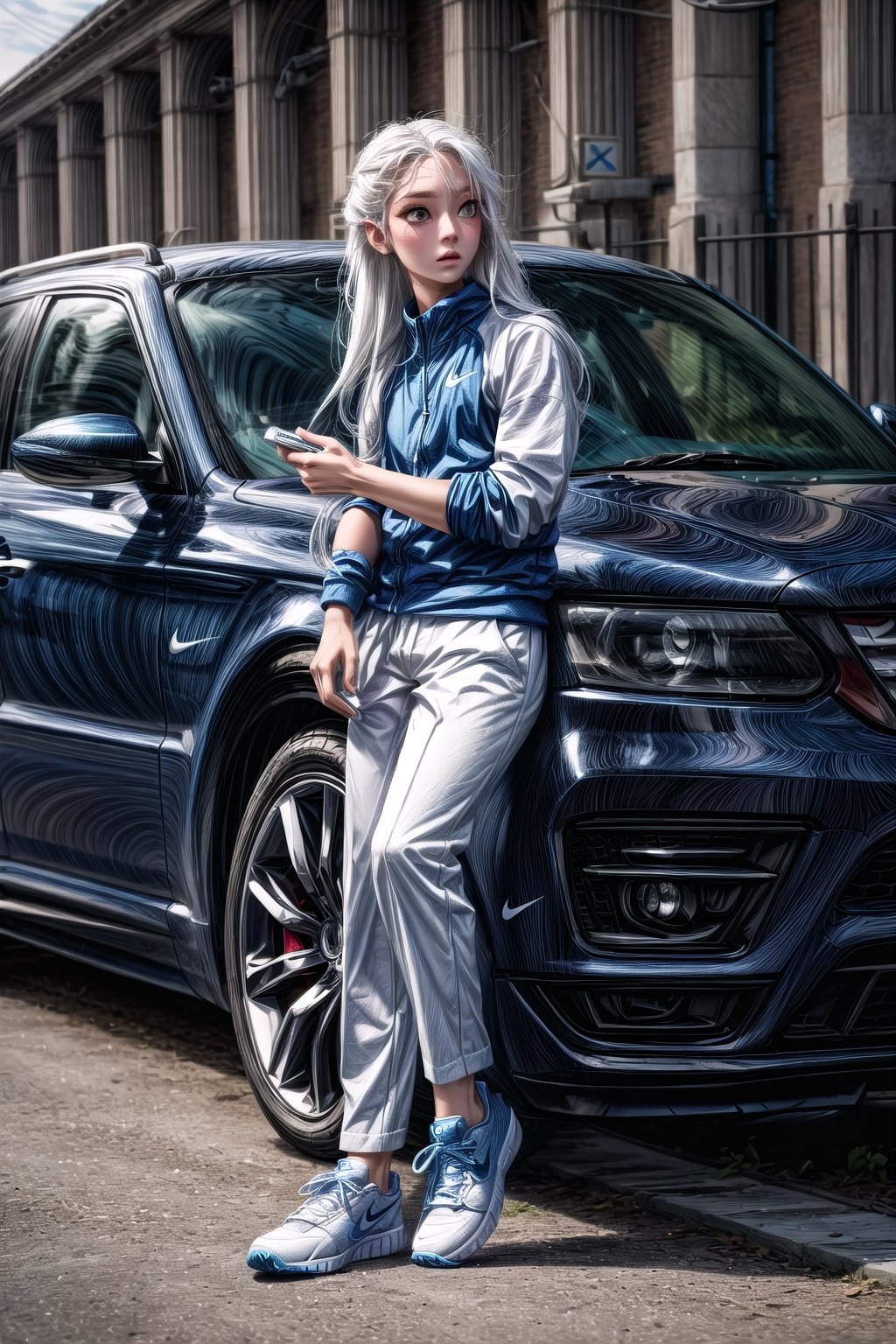 Masterpiece,Clean face,perfecteyes,Long White Hair,White Nike shoes,White pants,blue Designer Shirt,blue Car,1girl,