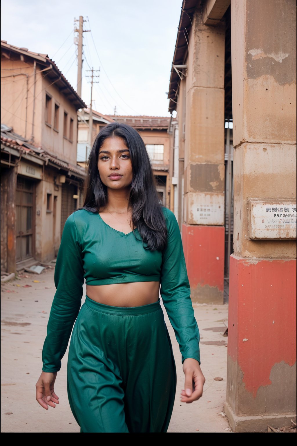 low quality old photo, indain 1girl as dirty beggar, 170cm height, long black hair ,wearing  Torn old indian salwar suit , front facing, walking towards viewer, backstreet indian slums as background, fierce look, low angle, no makeup, barefaced, freckles,  black hair, wearing old cheap  salwar suit, rugged faded  salwar suit,  indian beauty style, frontlight,Brown tone Beauty,Mallu girl,Indian