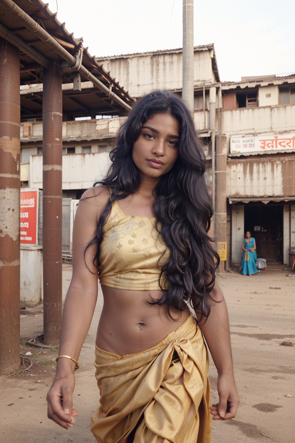 low quality old photo, indain poor 1girl as dirty poor beggar who asking for food from people , 170cm height, long black hair ,wearing  Torn(Patches) old indian muddy white saree, deep clevage , front facing, walking towards viewer, backstreet indian slums as background, fierce look, low angle, no makeup, barefaced, freckles,  black hair, wearing old cheap  saree, rugged faded muddy torn saree,  indian beauty style, frontlight,Brown tone Beauty,Mallu girl,Indian,Old clothes,Tattered saree