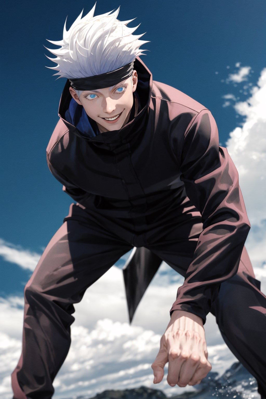 full body, focus straight_shota, Gojo Satoru,wavy white hair , gojo satoru from jujutsu kaisan , black jacket, black gogles , Jujutsu kaisen, mix of fantasy and realism, fantasy, ultra hd, hdr, 4k, realhands, neutral smile face, perfect,blue eyes