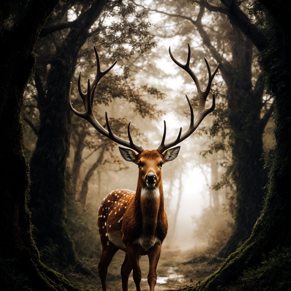 forest , aesthatic image , abstract art , solo rain deer  RUNNING  in forest ,morning light ,big horn deer, cenematic shot , perfect image , golden rain deer , realistic image, life like image