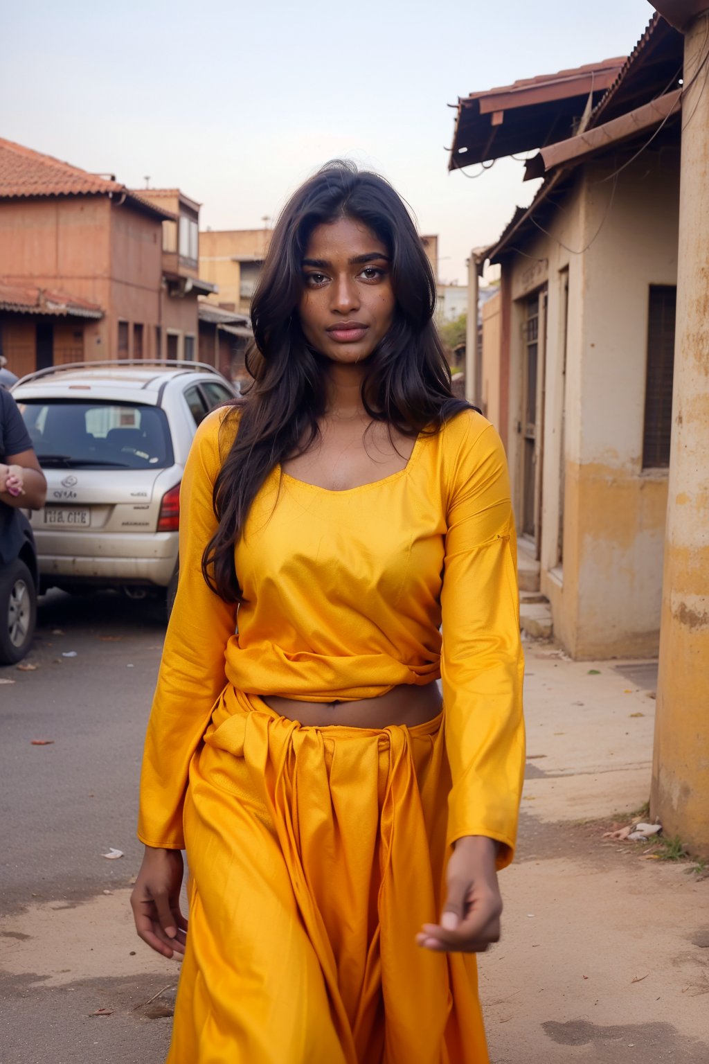 low quality old photo, indain 1girl as dirty beggar, 170cm height, long black hair ,wearing  Torn old indian salwar suit , front facing, walking towards viewer, backstreet indian slums as background, fierce look, low angle, no makeup, barefaced, freckles,  black hair, wearing old cheap  salwar suit, rugged faded  salwar suit,  indian beauty style, frontlight,Brown tone Beauty,Mallu girl,Indian