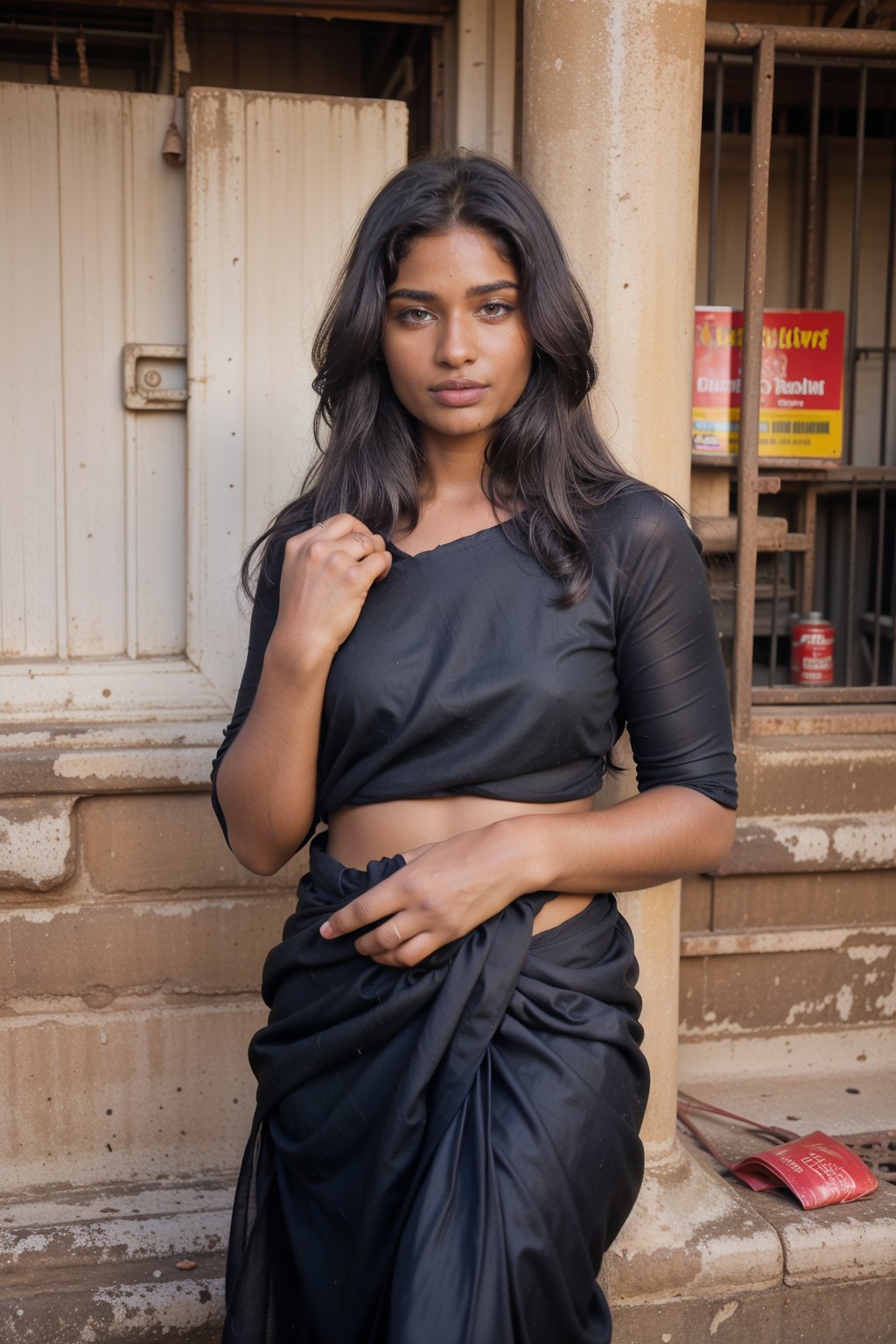 low quality old photo, indain 1girl as dirty beggar, 170cm height, long black hair ,wearing  Torn old indian saree , front facing, walking towards viewer, backstreet indian slums as background, fierce look, low angle, no makeup, barefaced, freckles,  black hair, wearing old cheap  saree, rugged faded  saree,  indian beauty style, frontlight,Brown tone Beauty,Mallu girl,Indian