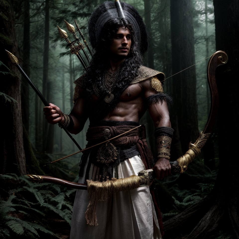 solo, long black wavy hair, 1indian boy, holding bow , standing, full body, weapon bow , male focus, outdoors, day, pants, holding weapon bow , tree, traditional style white indian dhoti , lean muscular, long  wavy hair, pectorals, nature, forest, bow \(weapon\), realistic, arrow \(projectile\), manly, chest hair, quiver,Portrait ,gold jewellary,manly face
