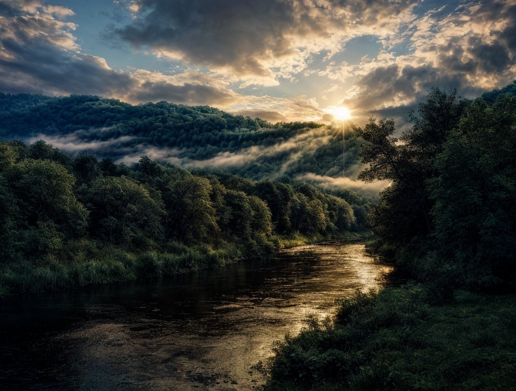 aesthatic image , realisitc image , life like image , detailed , river near dense forest , morning lighting , abstract_background, detailed tree ,  green ground,realistic river 