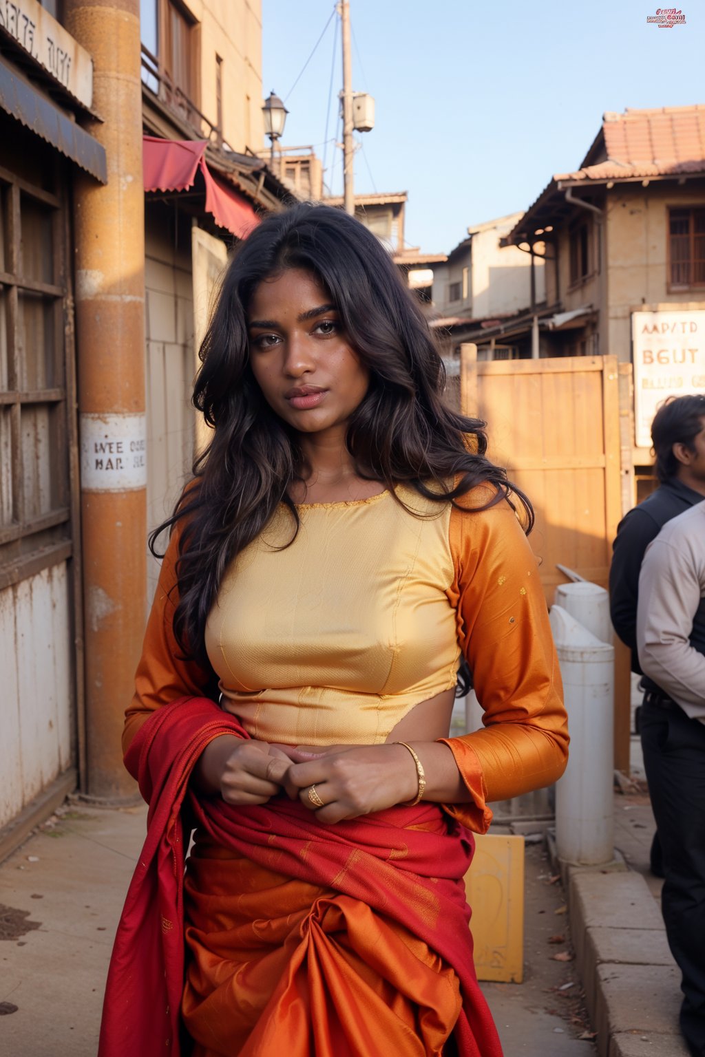 low quality old photo, indain 1girl as dirty beggar, 170cm height, long black hair ,wearing  Torn old indian salwar suit , front facing, walking towards viewer, backstreet indian slums as background, fierce look, low angle, no makeup, barefaced, freckles,  black hair, wearing old cheap  salwar suit, rugged faded  salwar suit,  indian beauty style, frontlight,Brown tone Beauty,Mallu girl,Indian