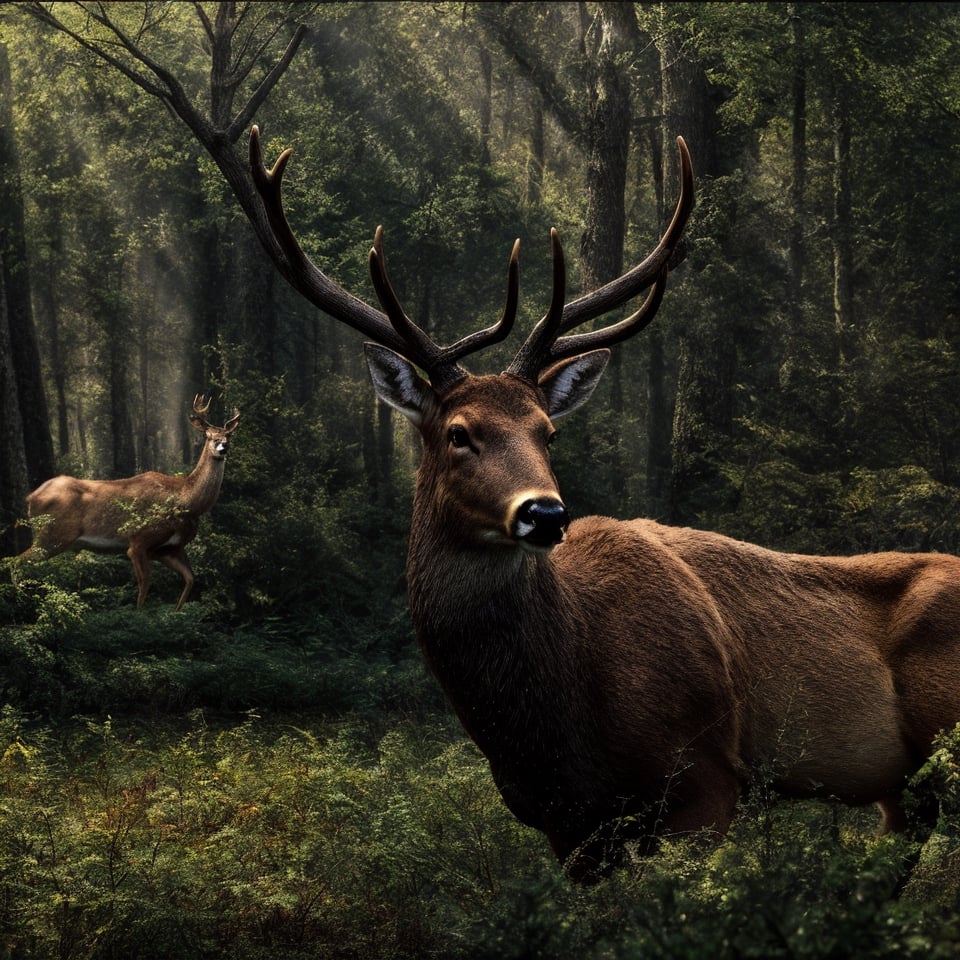 forest , aesthatic big  forest image , abstract big deer in forest  art , realistic deer running from hunter, dense forest ,realistic forest,bright morning light , cenematic shot , perfect image  , realistic image, life like image,detailed back ground, realistic tree, abstract lighting, cenimatic image, 4k ,8k,