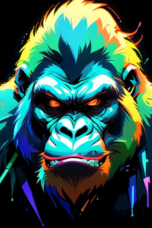 Gorilla seen in angry profile, opening his snout, in neon colors, orange, green, blue, on a black background,darkart