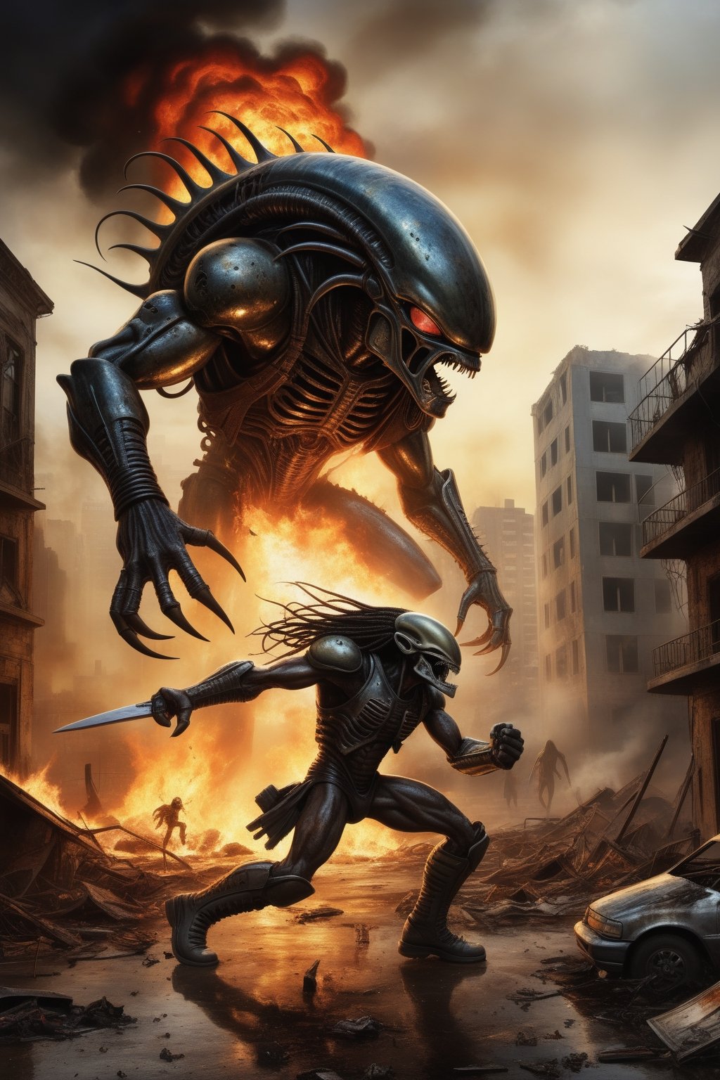 Alien versus predator fighting in a burning city, car on fire, people running, buildings in ruins, post apocalyptic setting, ((masterpiece)) chaotic background full of disaster., in the style of esao andrews,LegendDarkFantasy,DonM3l3m3nt4lXL,photo r3al