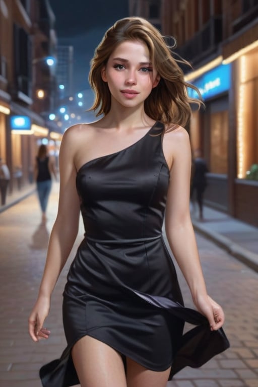 ((Artwork)) ((hyperrealistic)) young woman, white skin, beautiful, detailed honey-colored eyes, playful brown hair moved by the wind from right to left, with expression of discreet happiness, black dress fitted from the waist to shoulders, loose from the waist to the legs, dressed mid-thigh, walking at night on a street around buildings with the lights on, people around walking on the sidewalks.