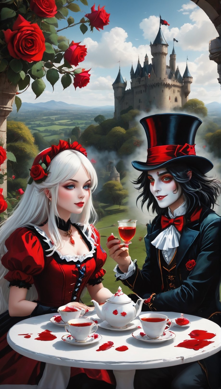 Alice and the Mad Hatter, sitting having tea at a round table, in the background a landscape of roses and a castle destroy, both looking at each other with serenity and joy, nothing else matters around them, only their glances, the white roses They drip red paint, all with a black background with red gradients.,z1l4, in the style of esao andrews,photo r3al