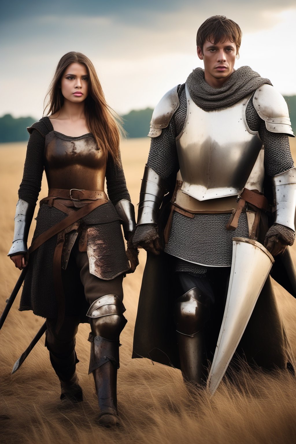 28-year-old man in battered medieval armor holding a banner, on the right side an 18-year-old woman in dirty medieval armor, both with brown eyes, exhausted by the battle, dented and dirty armor, on their faces you can see the fatigue of a long battle, around a tired army but they continued the epic battle((masterpice))) ((beautiful))