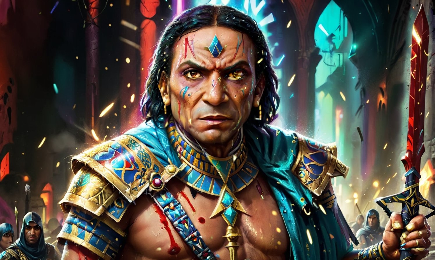 Egyptian warrior phoroh king, evil look, wearing ancinet egyptian clothes, blood on face, wounds in face, adel emam with sword in his hand, High detailed, Color magic,cyberpunk style,adel emam,LegendDarkFantasy,photo r3al,colorful,color art,color chaos