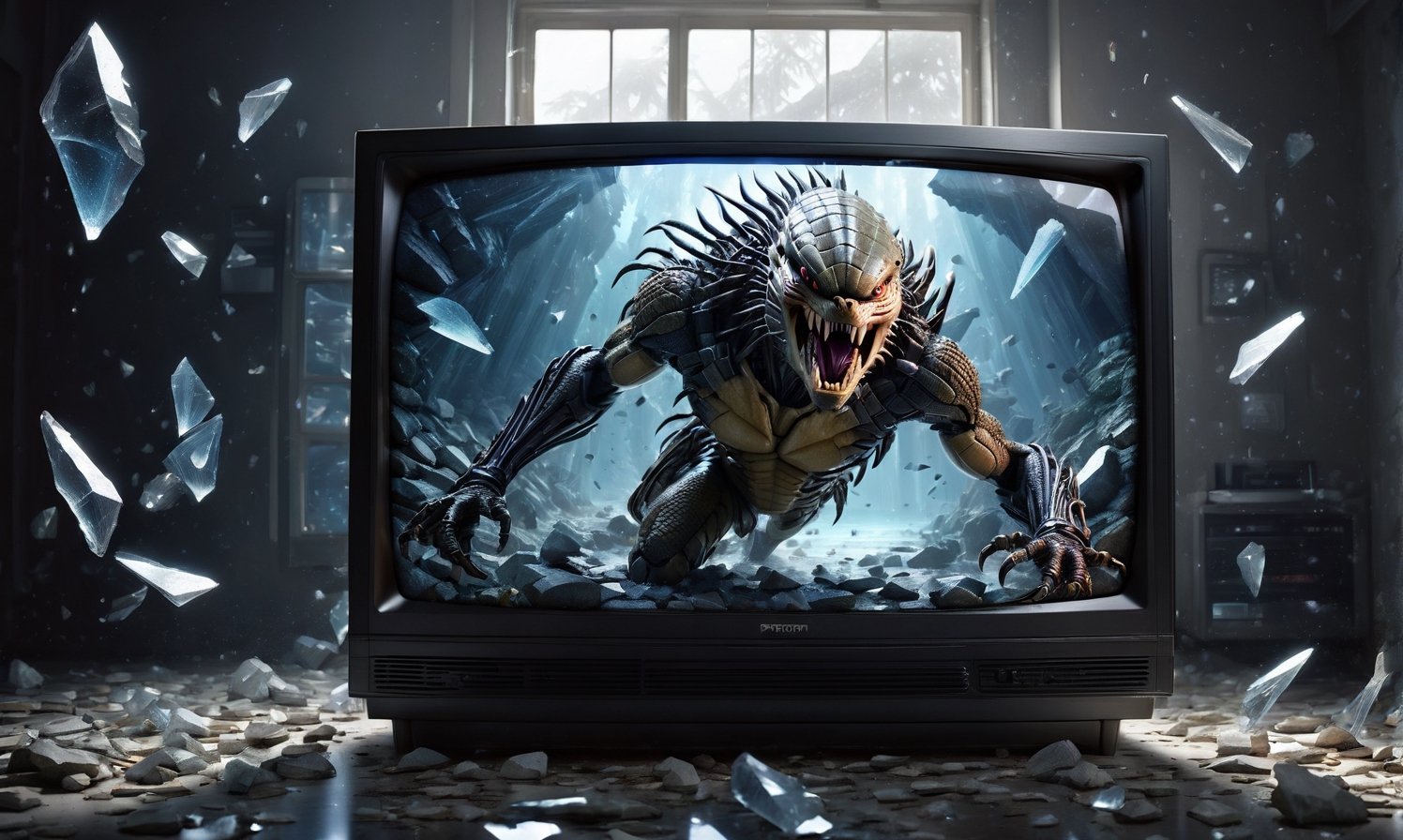 POV you looking at: a double exposure view of a: hyper surreal realistic picture of the Predator trying to escape a TV, ((cracking the screen of the TV)), (glass shards fly everywhere:1.2)
,skpleonardostyle