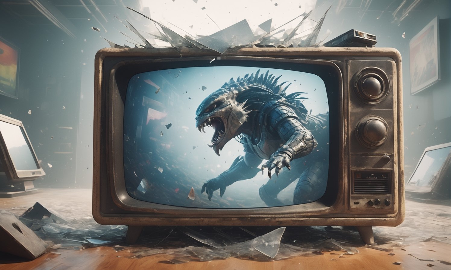 POV you looking at: a double exposure view of a: hyper surreal realistic picture of the Predator trying to escape a TV, ((cracking the screen of the TV)), (glass shards fly everywhere:1.2)
,skpleonardostyle, 