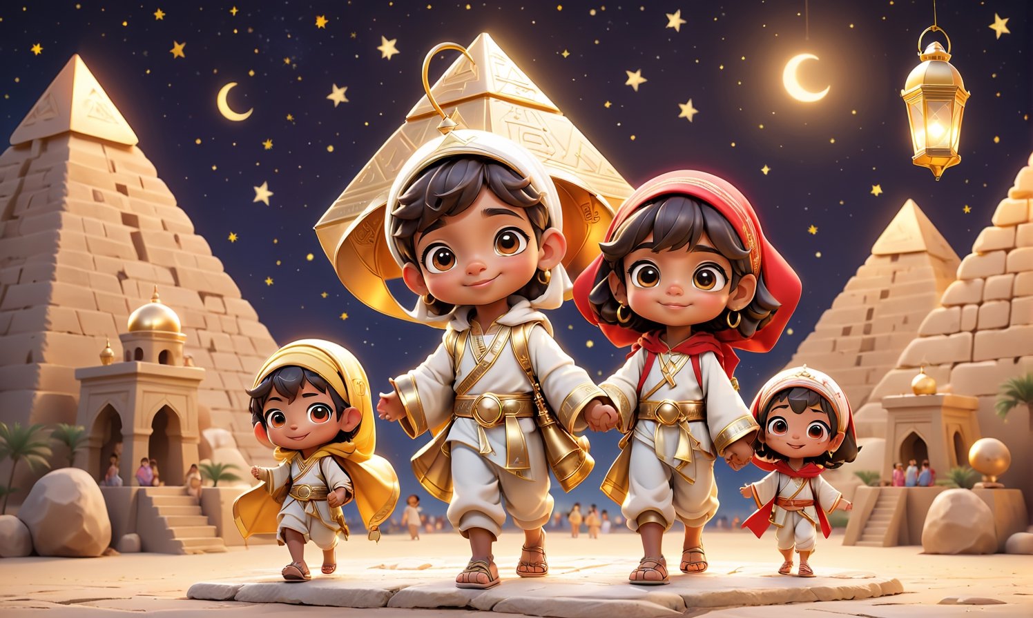 A small cute cartoon featuring [cute Egyptian boy] and his family, celebrating Ramadan in [pyramids of Giza], starry night, Ramadan, holding a lantern, in the style of anime-inspired characters, realistic landscapes with soft, tonal colors, radiant clusters, characterful animal portraits, [yello and red, transportcore, gigantic scale