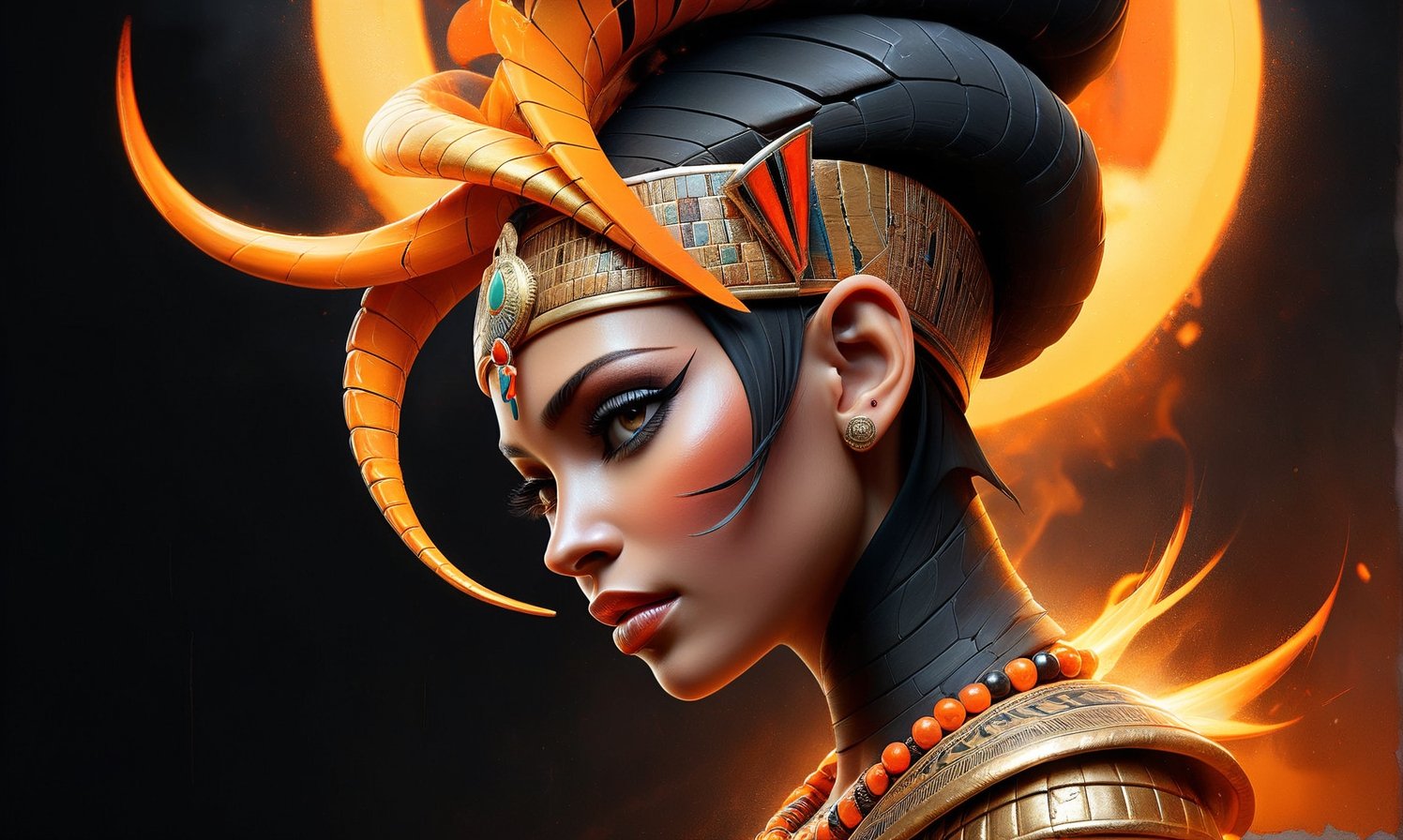 Generate an image of an Egyptian pharaoh's woman head wearing a Nemes headdress and a cobra symbol, depicted in a hyper-realistic digital art style with a cracked texture and fiery orange and black splashes. The image should have a dark background and convey a mysterious, powerful, and enigmatic atmosphere., side view