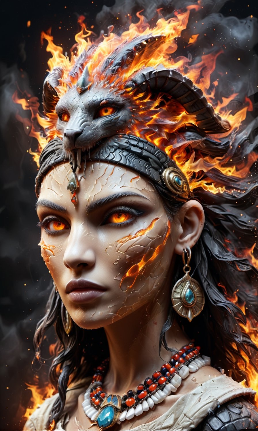 Generate an image of an Egyptian pharaoh's woman head wearing a Nemes headdress and a cobra symbol, depicted in a hyper-realistic digital art style with a cracked texture and fiery orange and black splashes. The image should have a dark background and convey a mysterious, powerful, and enigmatic atmosphere., side view, fire element,faize,more detail XL