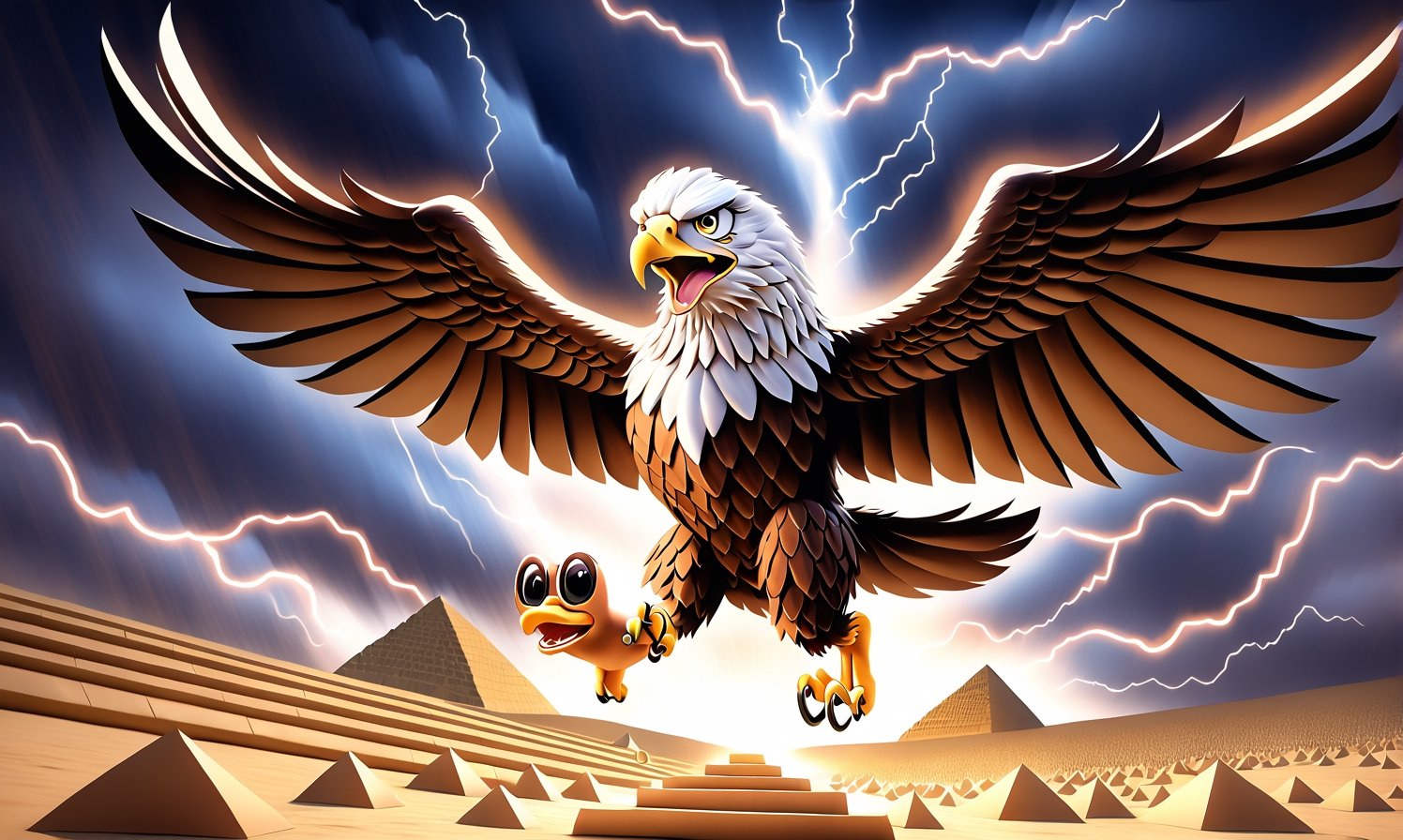 Realistic and fun image of a [eagle] with a joyful expression, [flying over the pyramids]. motion blur, at night, thunderstorm, giving the scene a lively, energetic atmosphere.
,disney pixar style