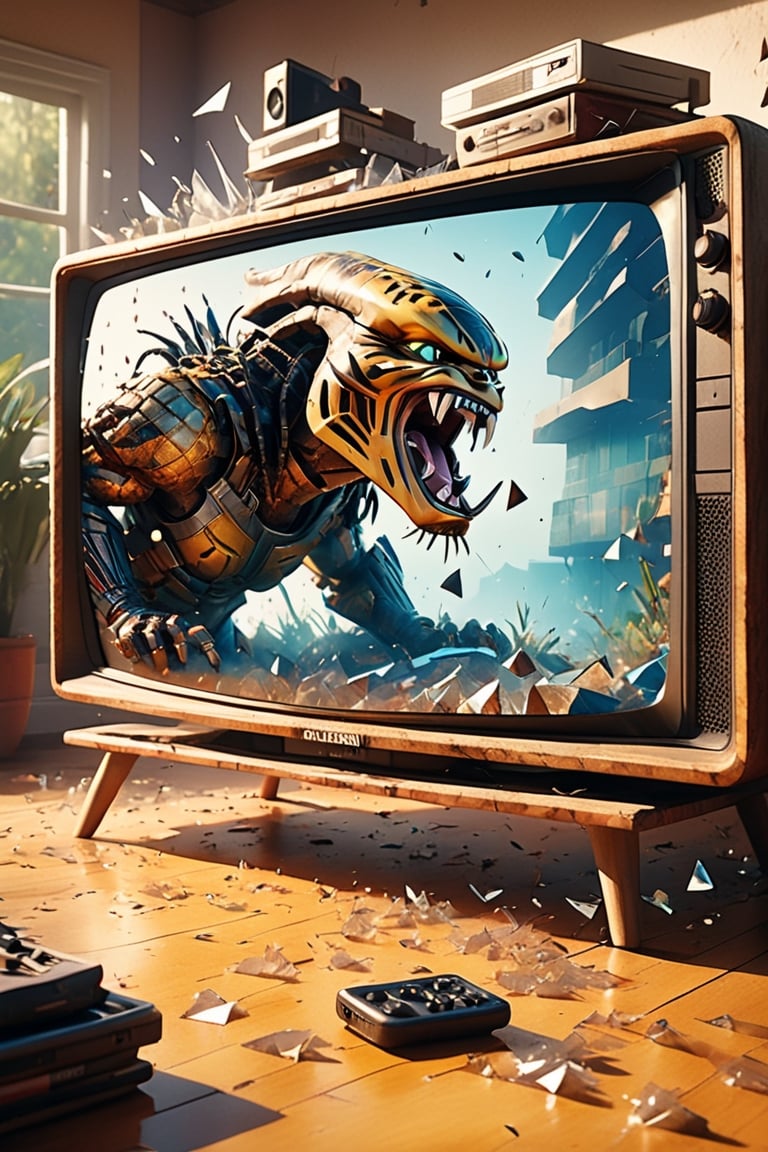 POV you looking at: a double exposure view of a: hyper surreal realistic picture of the Predator trying to escape a TV, ((cracking the screen of the TV)), (glass shards fly everywhere:1.2)
,skpleonardostyle, 