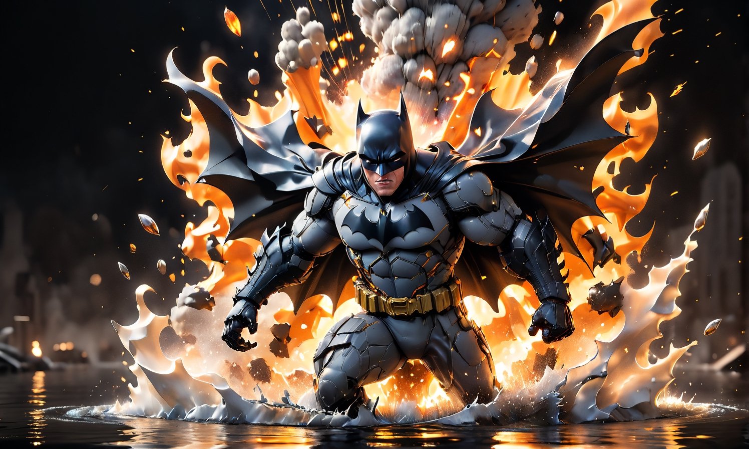 High-Speed Photography of [batman] charging through an exploding [water] , shrapnel and flames surrounding it. Backlit by a massive explosion, dusk, high dynamic range. Shot with Canon EOS 5D Mark IV, directed by Michael Bay
