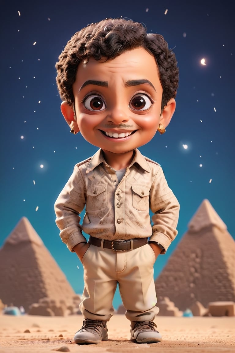 comedy actor, Arabic Egyptian male actor, 60 years old, happy, smiling, big eyes, color burst background, pyramids ,chibi,<lora:659095807385103906:1.0>