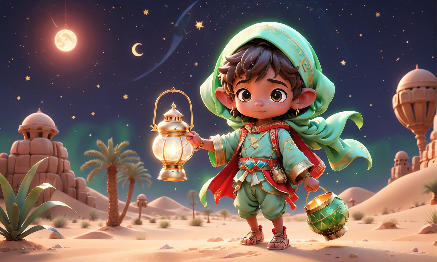 A small cute cartoon featuring [cute Egyptian boy] in [egyptian desert], starry night, Ramadan, holding a lantern, in the style of anime-inspired characters, realistic landscapes with soft, tonal colors, radiant clusters, characterful animal portraits, [red and green, transportcore, gigantic scale