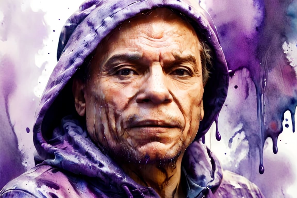 CLOSE UP PORTRAIT MAN IMG PURPLE BACKGROUND, HOODIE, AMAZING VIVID WATERCOLOR PAINTING, FLUID WASHES OF COLOR BLEND SEAMLESSLY,
WATERCOLOR PAPER TEXTURE, DRIPS, SHARP, BEAUTIFUL, PAINTERLY, DETAILED, TEXTURAL, ARTISTIC