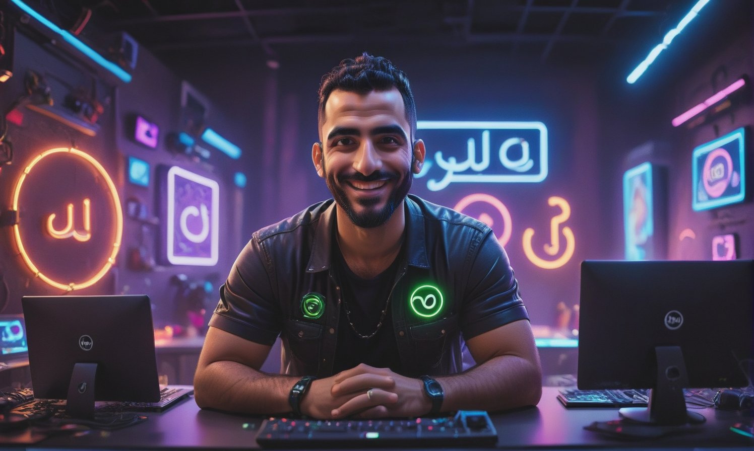 cute arabic man 35 years old, style pixar, in youtube studio, half body, mistic composition, smiling, the studio has a computer, laptop, neon lights  featuring YouTube logo, cyberpunk style