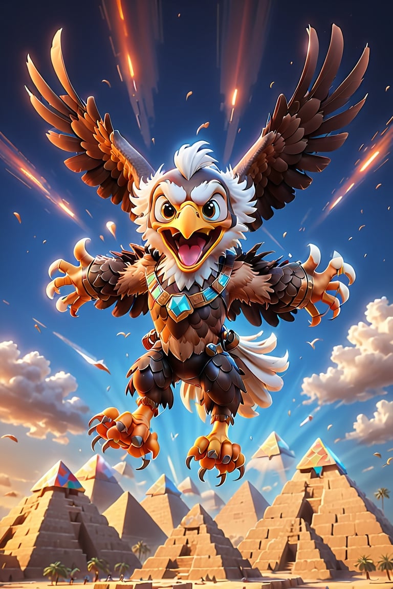 Realistic and fun image of a [eagle] with a joyful expression, [flying over the pyramids ]. motion blur, giving the scene a lively, energetic atmosphere.
,disney pixar style