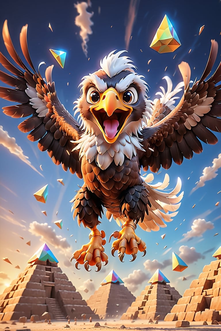 Realistic and fun image of a [eagle] with a joyful expression, [flying over the pyramids ]. motion blur, giving the scene a lively, energetic atmosphere.
,disney pixar style