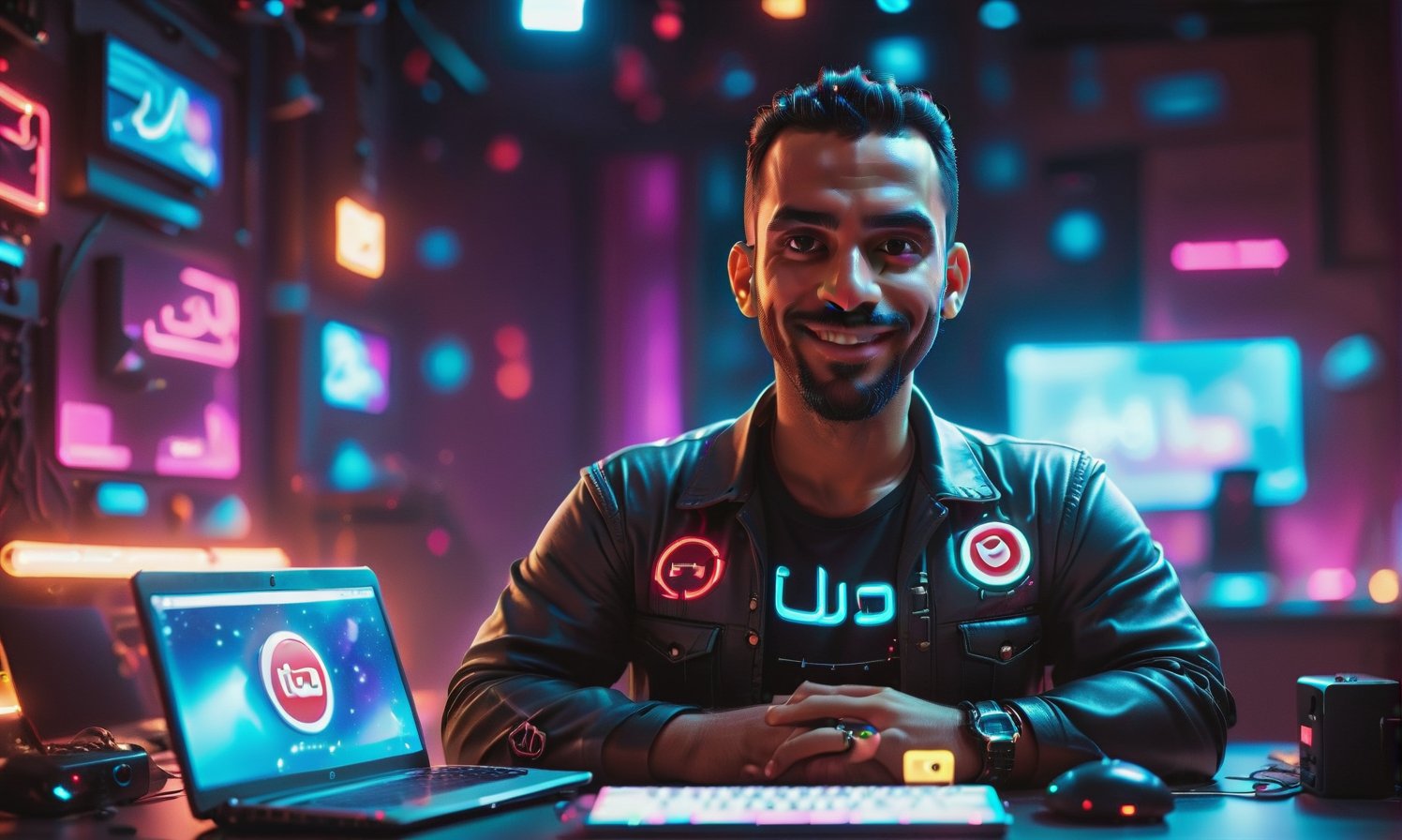 cute arabic man 35 years old, style pixar, in youtube studio, half body, mistic composition, smiling, the studio has a computer, laptop, neon lights  featuring YouTube logo, cyberpunk style