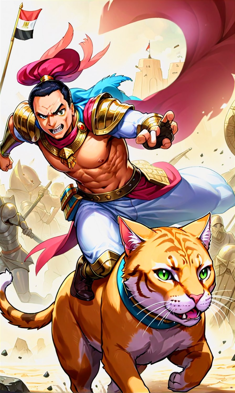 AdelEmam, ((riding on top of A battle cat:1.2)), wearing armor, running across a battlefield, ((adel emam:1.2)), (((wearing full Pharaonic clothes:1))), Egyptian theme ,furry