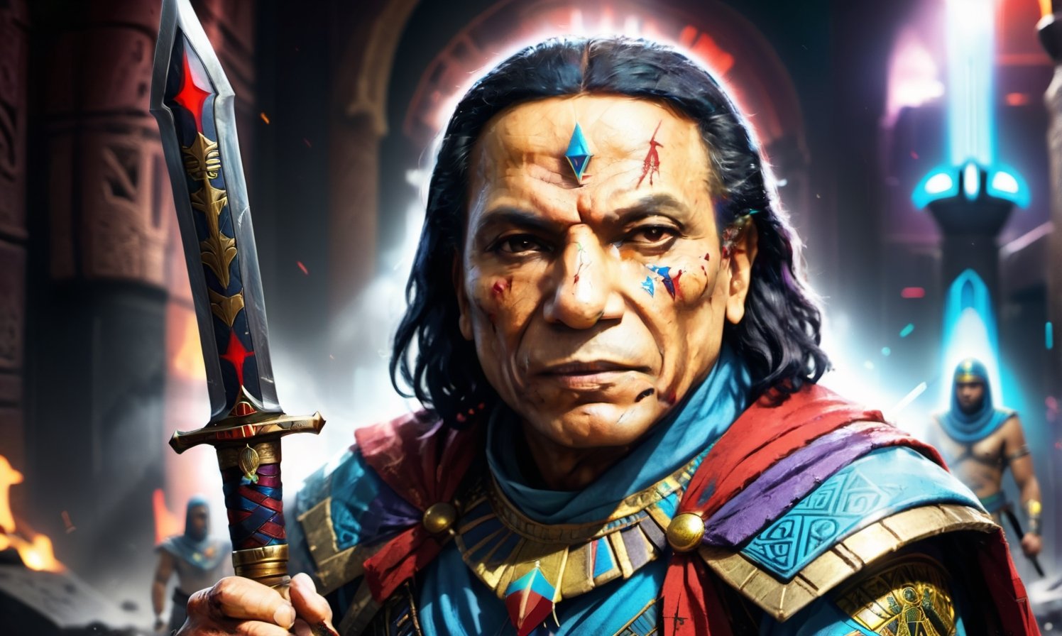 Egyptian warrior phoroh king, evil look, wearing ancinet egyptian clothes, blood on face, wounds in face, adel emam with sword in his hand, High detailed, Color magic,cyberpunk style,adel emam,LegendDarkFantasy,photo r3al,colorful,color art,color chaos