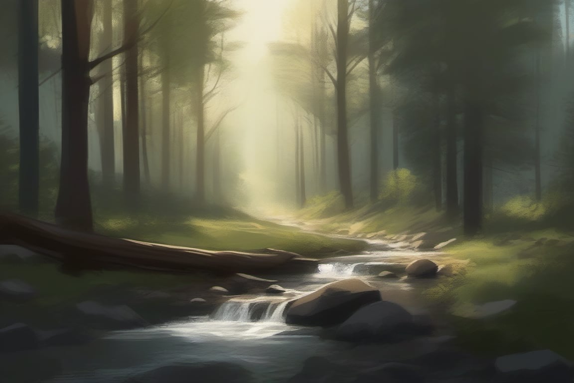 Forest with a small stream running through it,realistic,photographic,concept art,direct light sun,many trees,digital painting, rough strokes