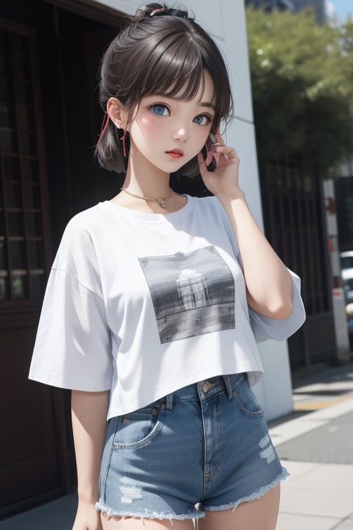 1girl, short black hair, blue eyes, wearing plain white shirt, denim shorts, city, absurdres, high res, ultrasharp, 8K, masterpiece, looking at viewer


,Lalisa,kamisato_ayaka