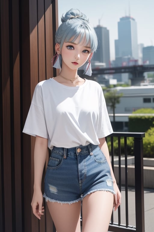 1girl, short blue hair, blue eyes, wearing plain white shirt, denim shorts, city, absurdres, high res, ultrasharp, 8K, masterpiece, looking at viewer
and naked


,Lalisa,kamisato_ayaka