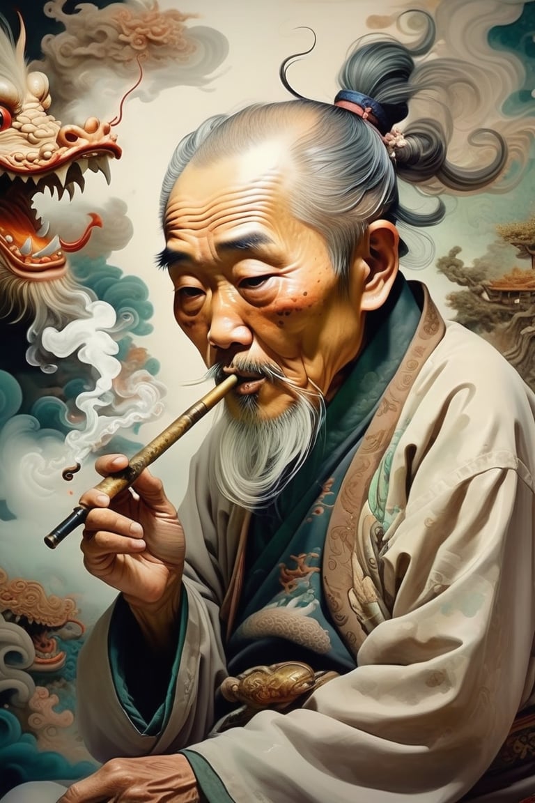 Extremely detailed painting, old Chinese man smoking opium pipe, dreams of dragons and wonders, fine fluid and dynamic brushstrokes, faded colors