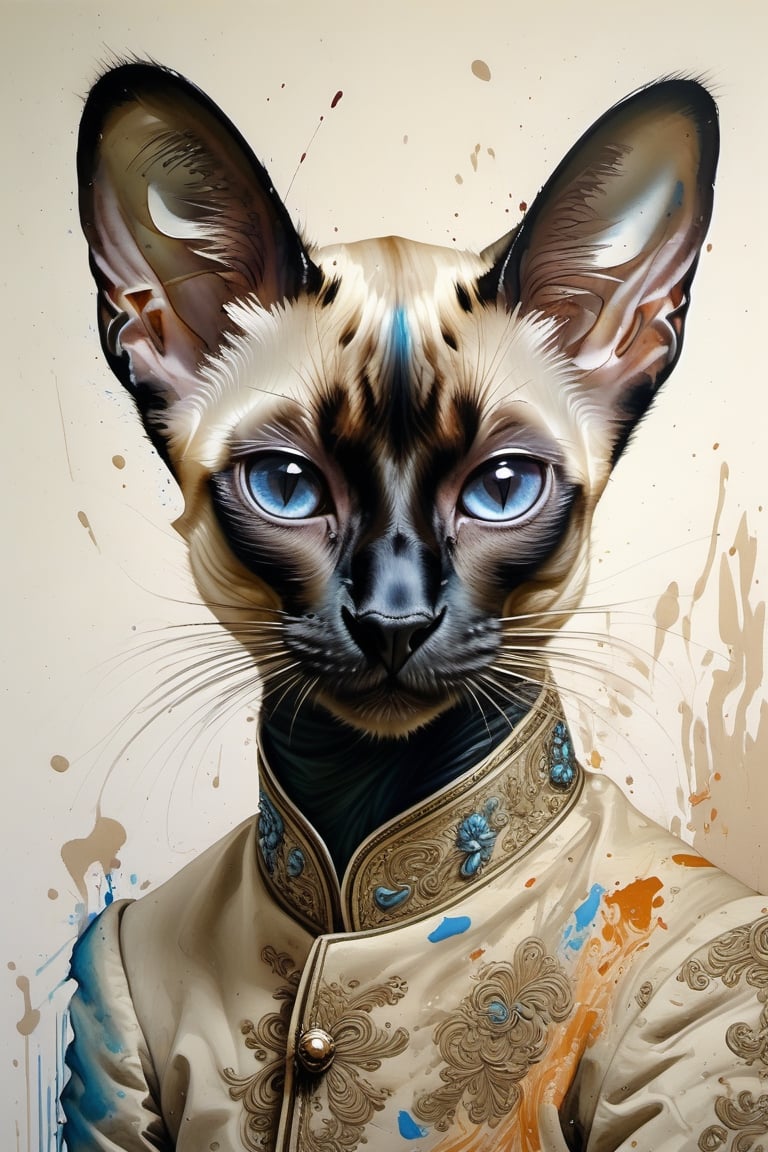Extremely detailed painting, Siamese aristocrat, fine fluid and dynamic brushstrokes, faded colors