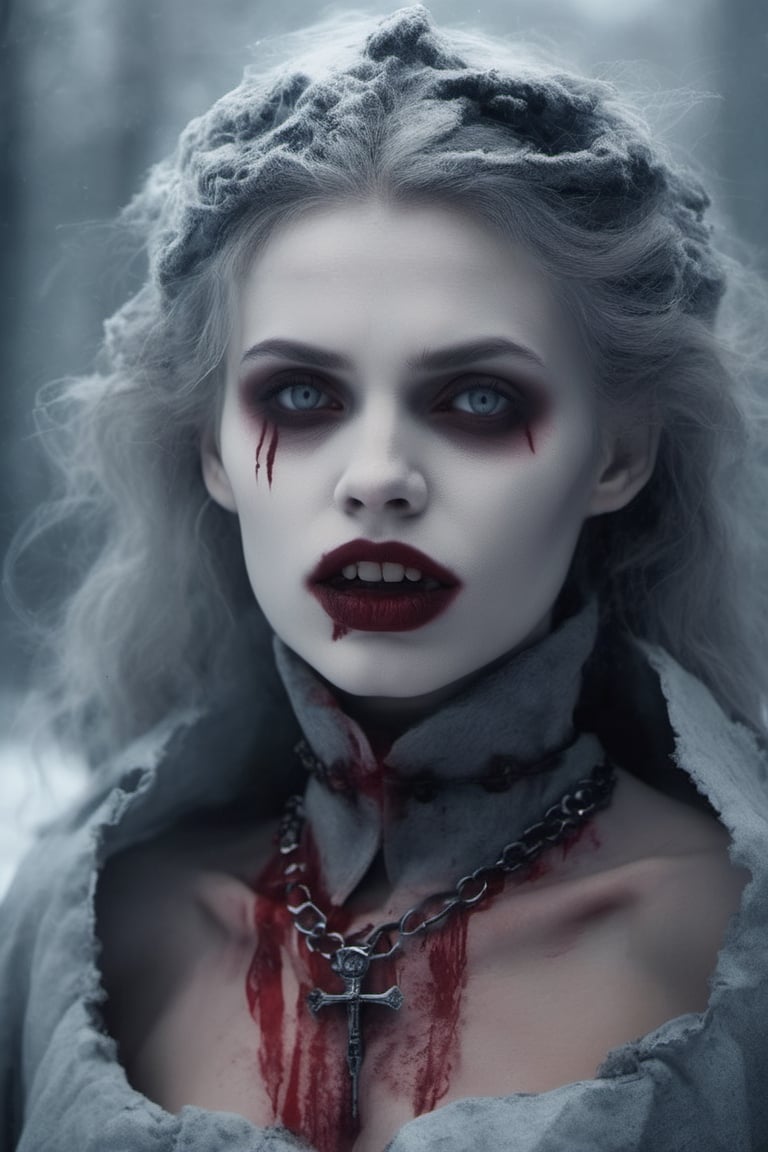 face of a female vampire, blood, grey smoke, old village, winter, crosses, big fangs
