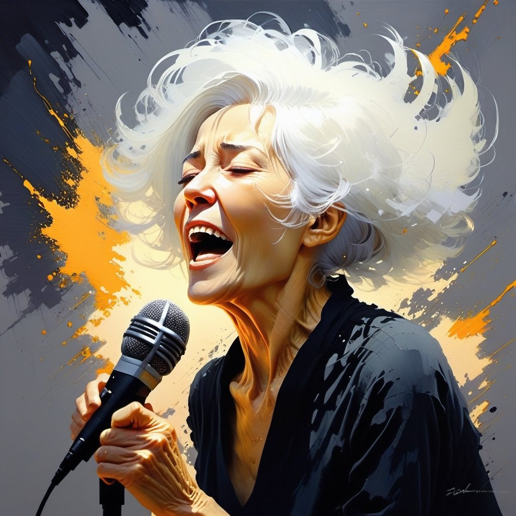 Extremely detailed painting, a white-haired woman, 80 years old, singing to microphone, fine fluid and dynamic brushstrokes, dima dmitriev style, dark gray and light amber