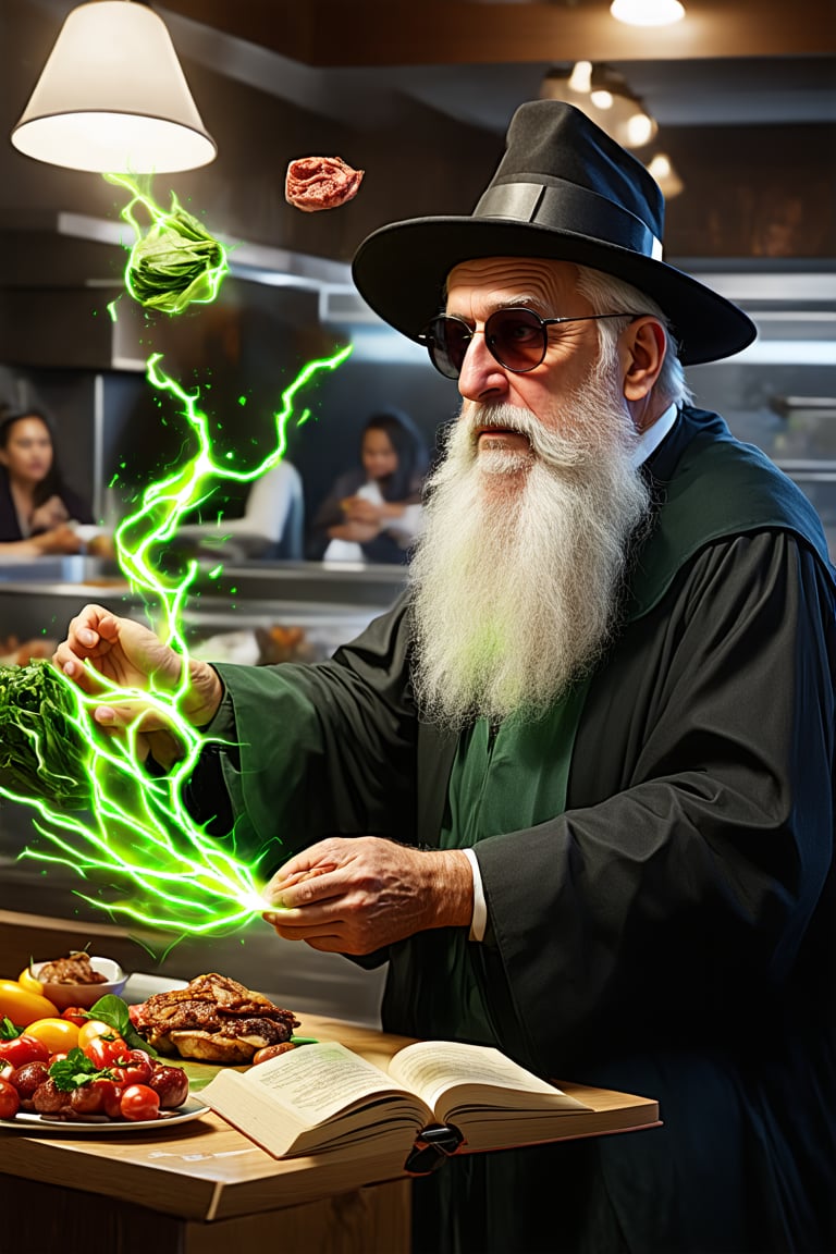 old man\(wearing wizard robe, long white beard, wizard hat, wearing sun glasses, side view), releasing magical green energy, vegetables and meat are flying in the air, background(fast food restaurant kitchen indoor, fast food employees shoked), (masterpiece, highres, high quality:1.2), ambient occlusion, low saturation, High detailed, Detailedface, (shot from distance), intricate details, dreamlike, concept art, illustration, highly detailed, splash art, artbook, beautiful image, fantasy, realistic