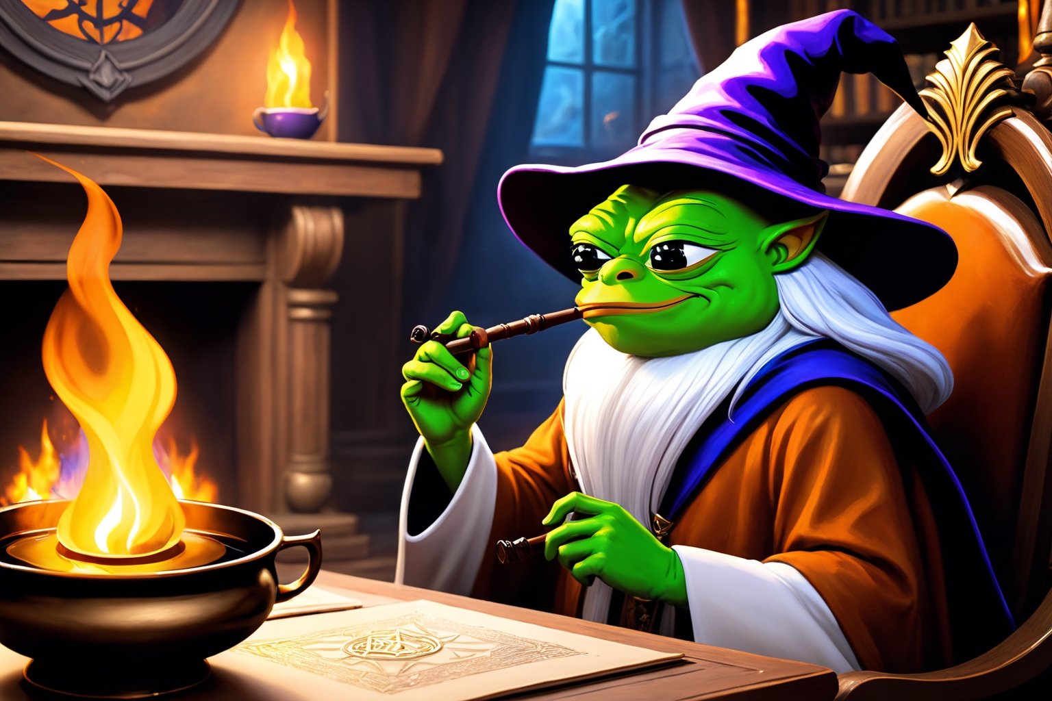 Pepe the frog(wearing wizard outfit, wizard hat, old, long beard, smiling, smoking with a pipe), full body, sitting on a expensive chair, tea pot and tea cup on the table, background(magical living room, fire place, books, scrolls, magic ball), fantasy, Oil painting, heavy brush strokes, (Shot from distance)(masterpiece, highres, high quality:1.2), ambient occlusion, low saturation, High detailed, Detailedface, Dreamscape, (Dungeon and Dragons fantasy setting)