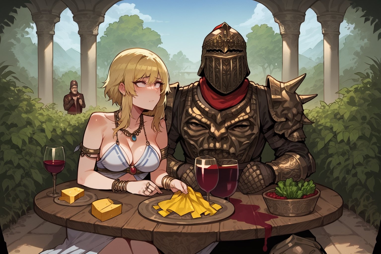 score_9, score_8, score_7, score_8_up, 1boy\(human, tall, wearing full madness armor and helmet\) with 1girl\(young, medium breasts, Lumine wearing full harem dress, jewellery, rings, amulet, bracelet, thicc thighs, wide hips, shy face, pouty lips, seductive\) and Paimon, (cheese, wine, cabbage on the table), both sitting on the floor, at the garden, both staring at each other