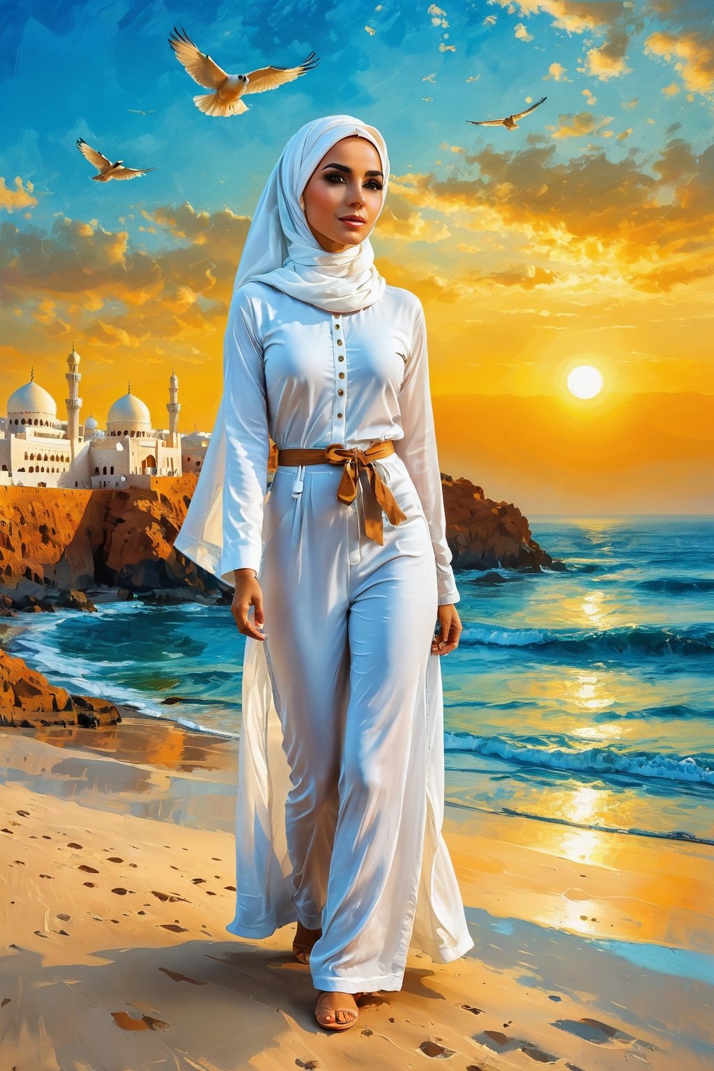 Woman(slim body, young, red eyes, arab, morrocan, eyelashes, hijab, Wearing a white headscarf and veill,Gorgeous abaya,arabian pants Arabian, feminine, beautiful), (full body), Staring at you while reporting news at news stage, background(outdoor, day, sun, ocean, mosques, birds), Oil painting, heavy brush strokes, (Shot from distance),(masterpiece, highres, high quality:1.2), ambient occlusion, low saturation, High detailed, Detailedface, Dreamscape,perfect,Replay1988